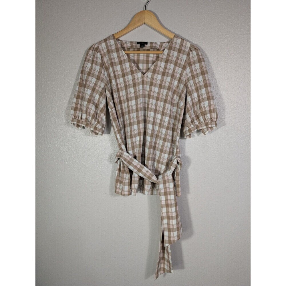 Ann Taylor Plaid Short Sleeve Top Shirt Sz XS Picnic Tie Waist Vneck Blouse N93